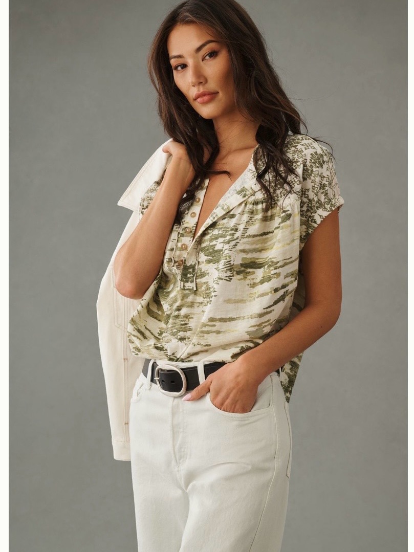 Pilcro Olive & Cream Split-Neck Short Sleeve Blouse